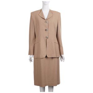 VINTAGE Jules Miller Women 2pc Set Size 12 Camel Brown Wool Jacket Skirt Vintage